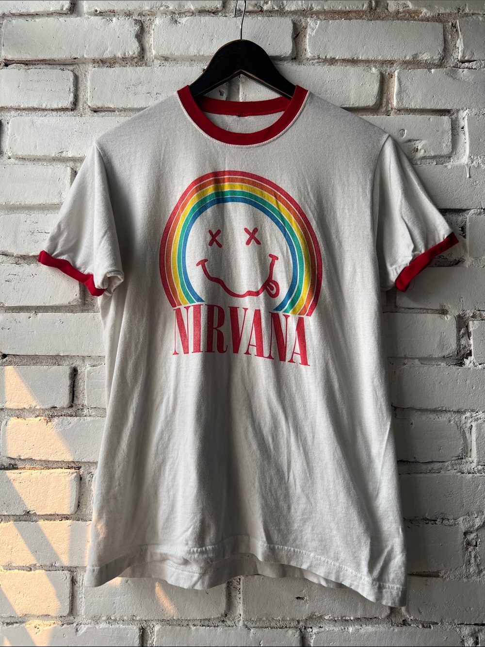 NIRVANA White Tee with Red Trim & Rainbow Graphic